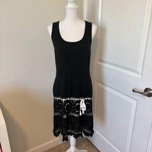 Moda International Black Crochet Lace Hem Dress Sleeveless Racerback Cotton L